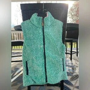 Simply Southern Women's Teddy Sherpa Vest Aqua/Teal with Pink Trim Size Small